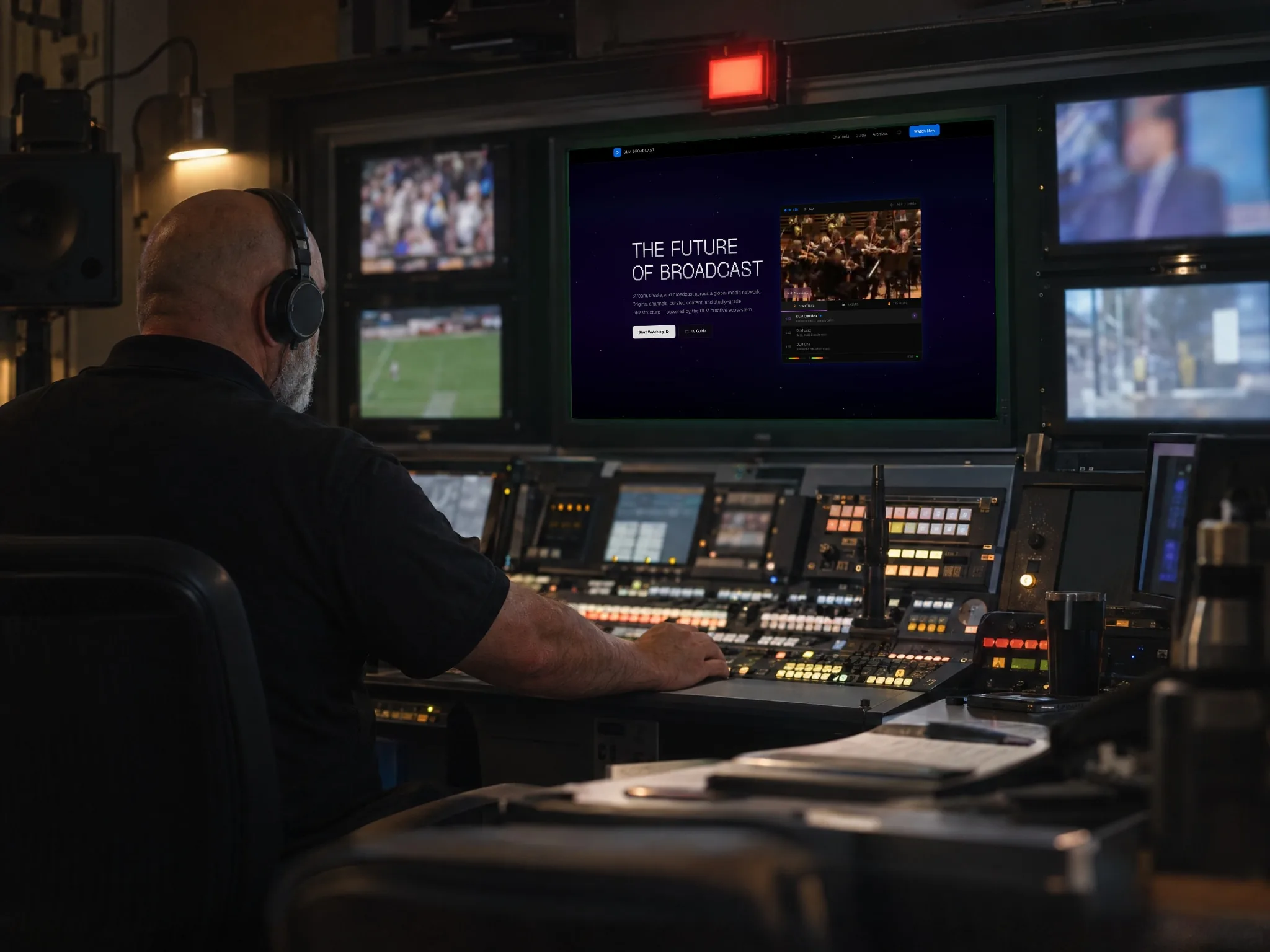 An operator in headphones works a mixing desk in a compact control room, DLM Broadcast's channel player on the main screen.