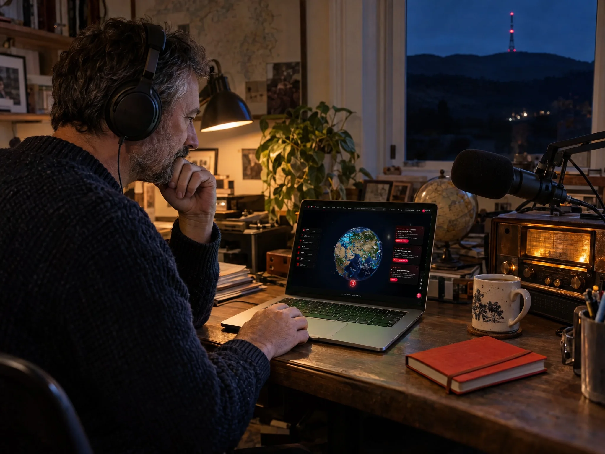 A listener in headphones at a radio desk late in the evening explores Spinn Radio's globe on his laptop, a valve radio glowing beside him.