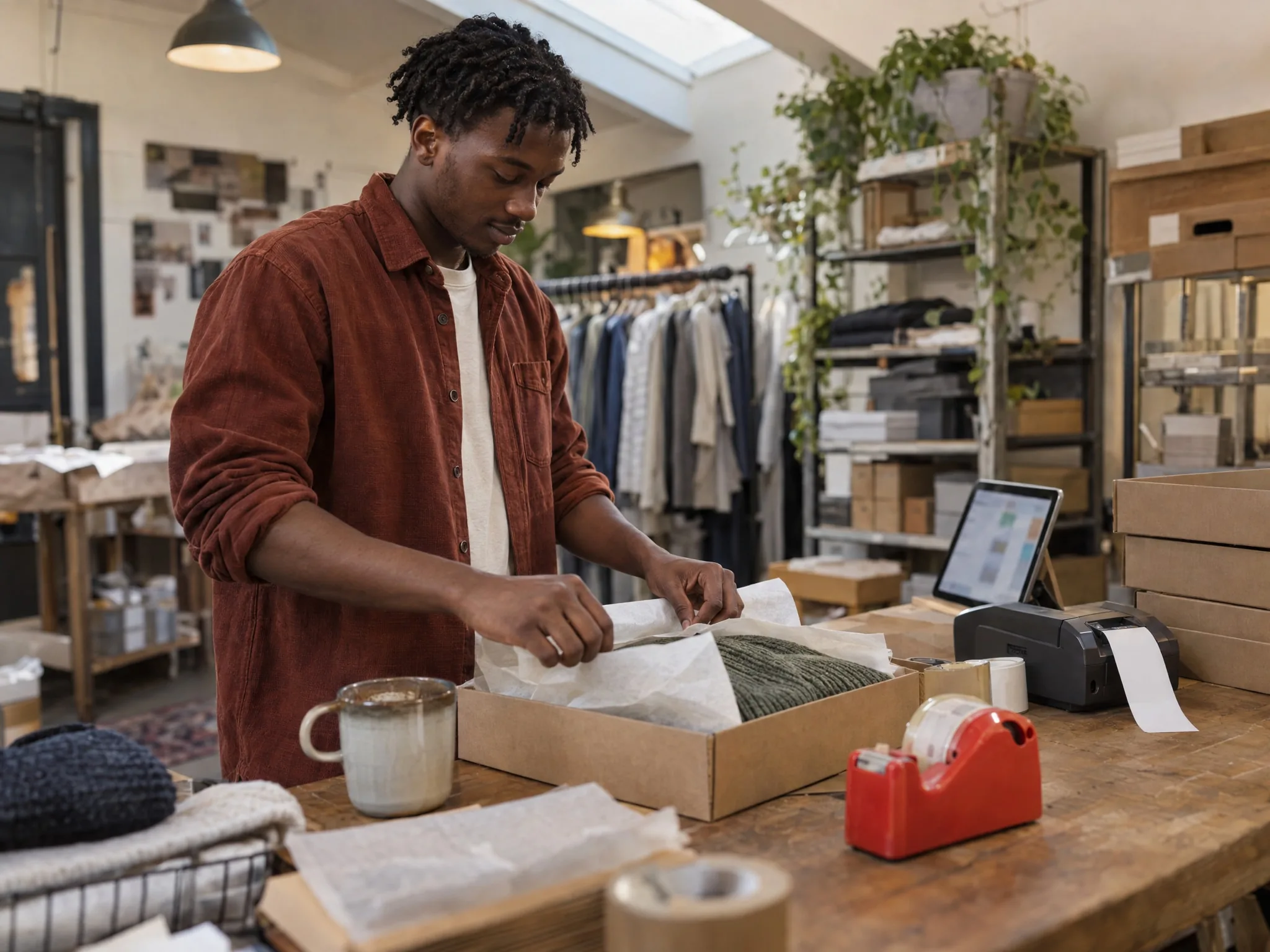 A packer wraps a knitted jumper in tissue at the packing bench of a small online clothing brand.